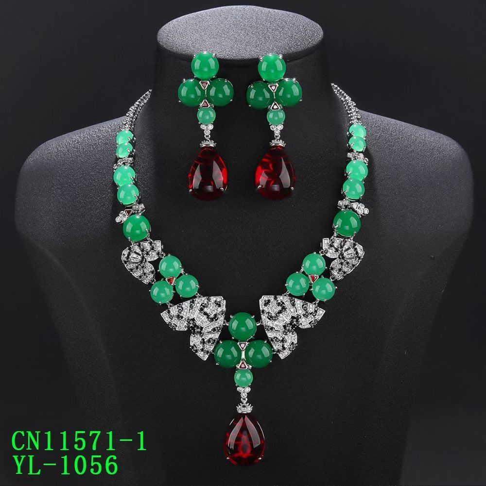 The Dynasty Green Cabochon & Crimson Drop Statement Necklace