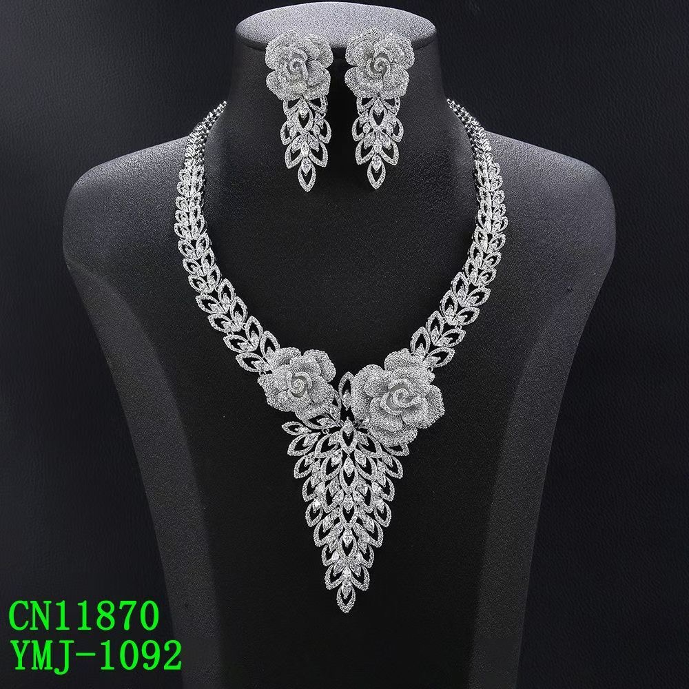 Pavé Rose Bloom & Feathered Drop Statement Set