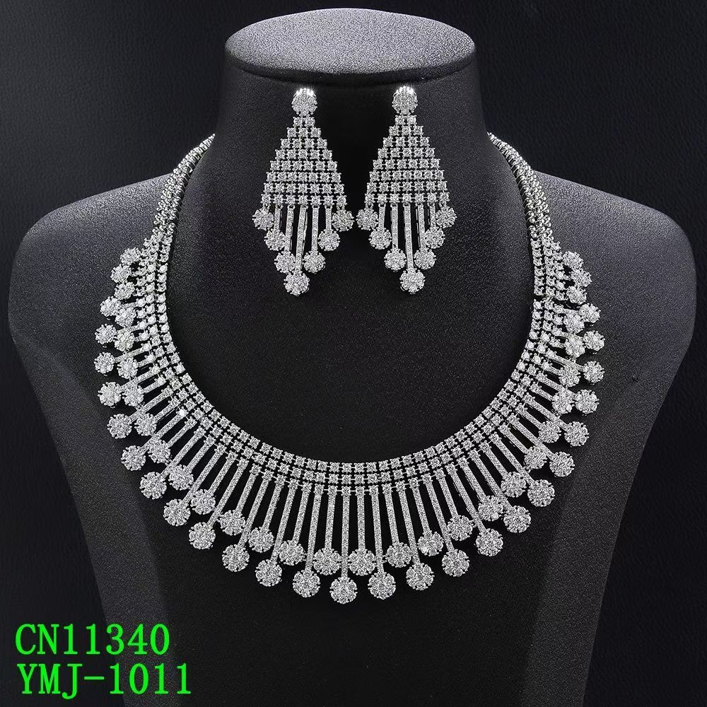 Geometric Crystal Fringe Collar & Chandelier Earrings Set